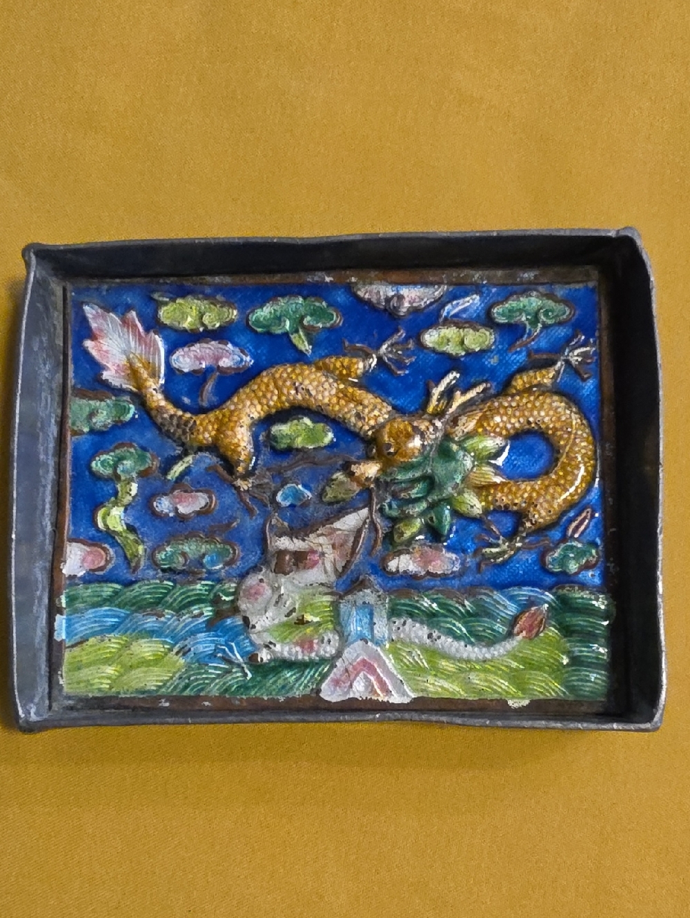 Vintage Chinese Pewter▪︎Enamel Cloisonné Trinket Dish▪︎Likely Mid 20th Century